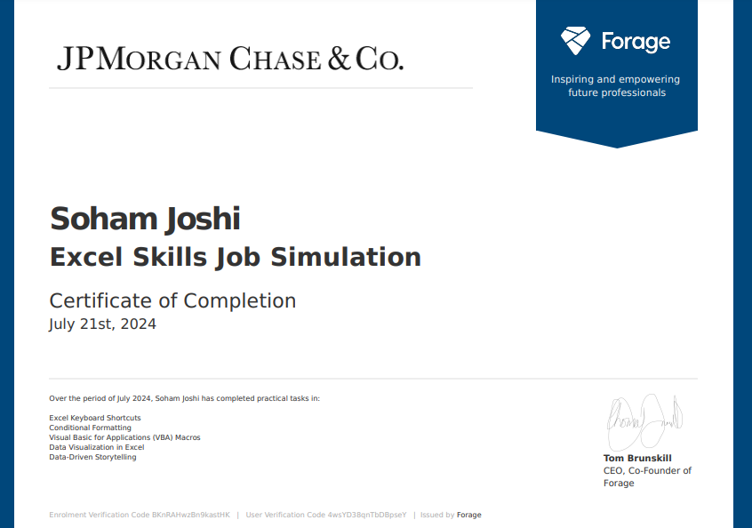 JPMorgan Chase & Co. Excel Skills Simulation Certificate